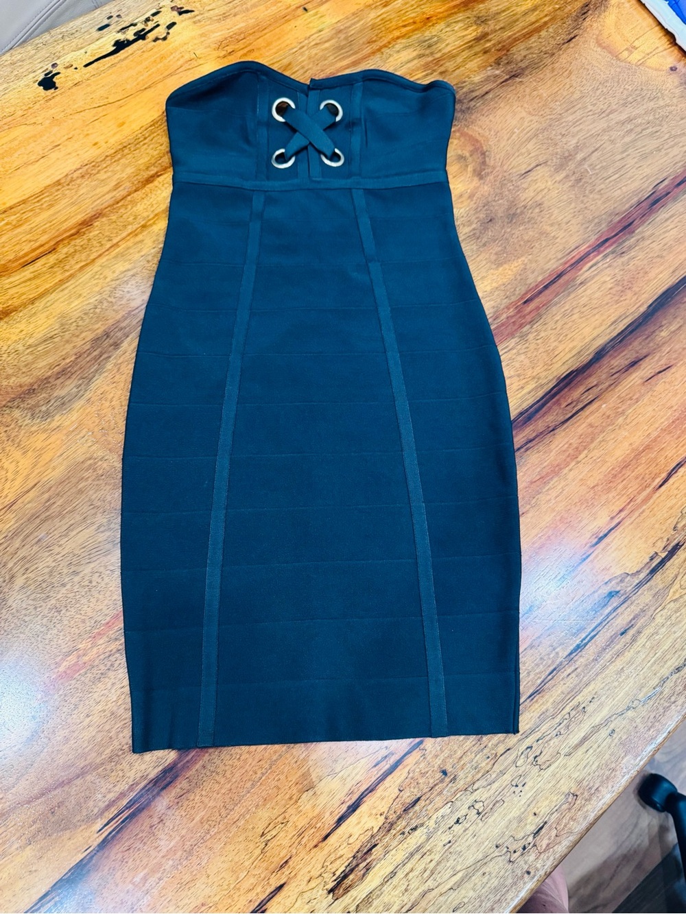 bebe Black Strapless Bodycon Dress with Lace-Up Grommet Detail
